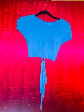 👑 Size Xs aerie Bright Blue Cropped Tie-Front Knit Top With Open Back